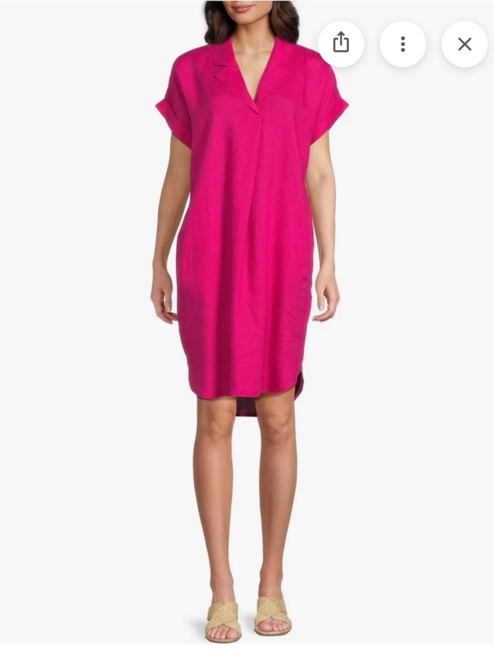 Eileen Fisher Linen Delave Notch Collar Cuff Sleeve Shift Dress Fuchsia, Large